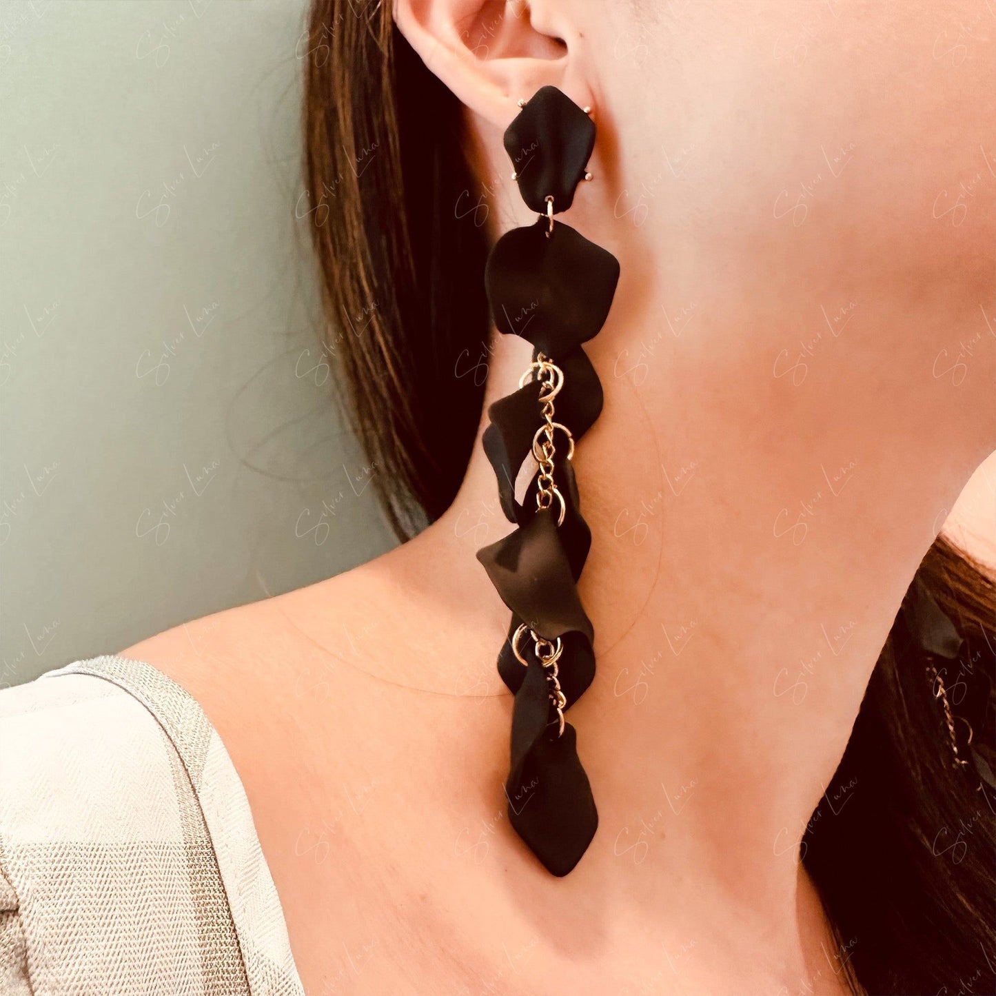 Long tassel flower petal dangle drop earrings