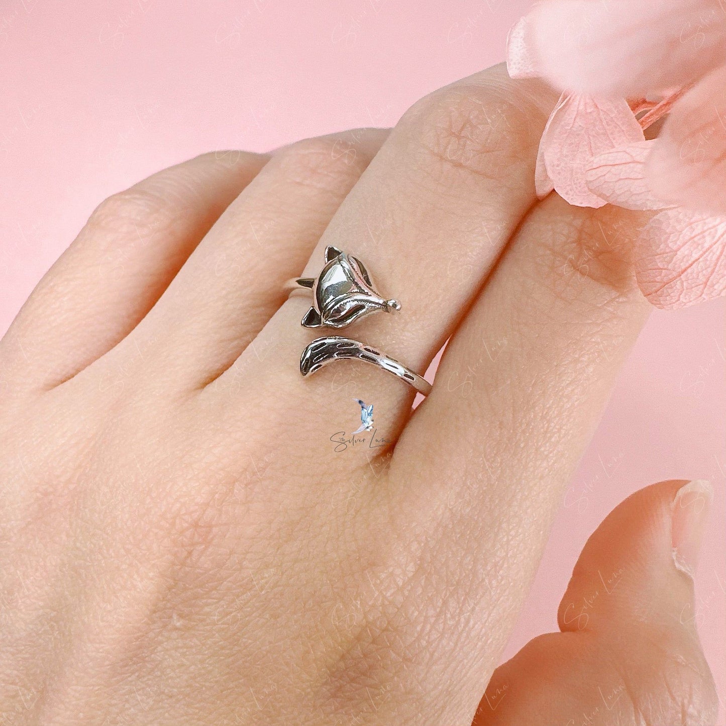 Silver fox wrap adjustable ring
