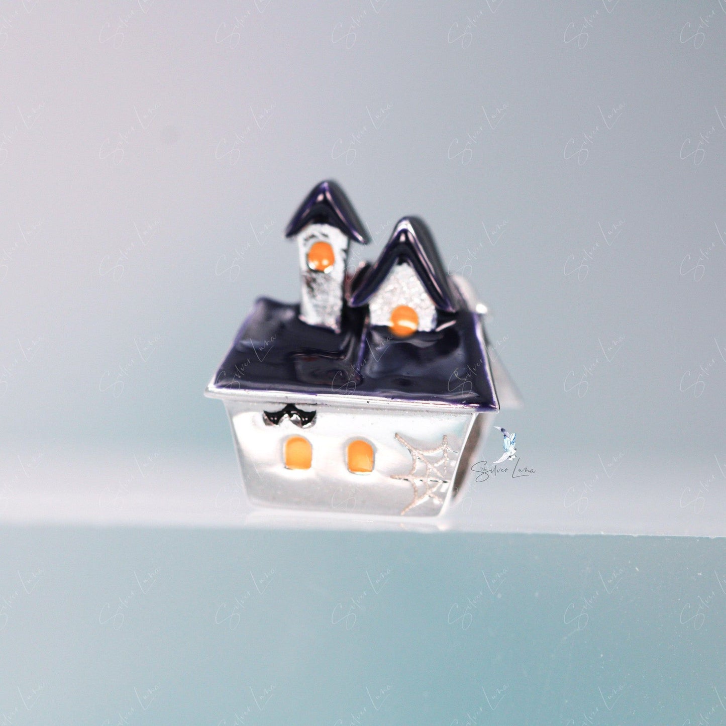 Halloween house silver bead charm