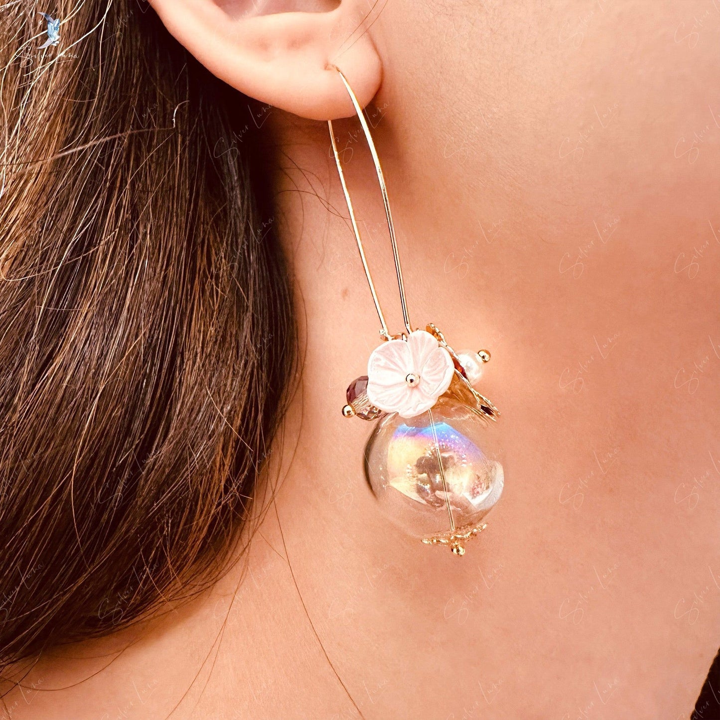 Flower glass vase dangle drop earrings