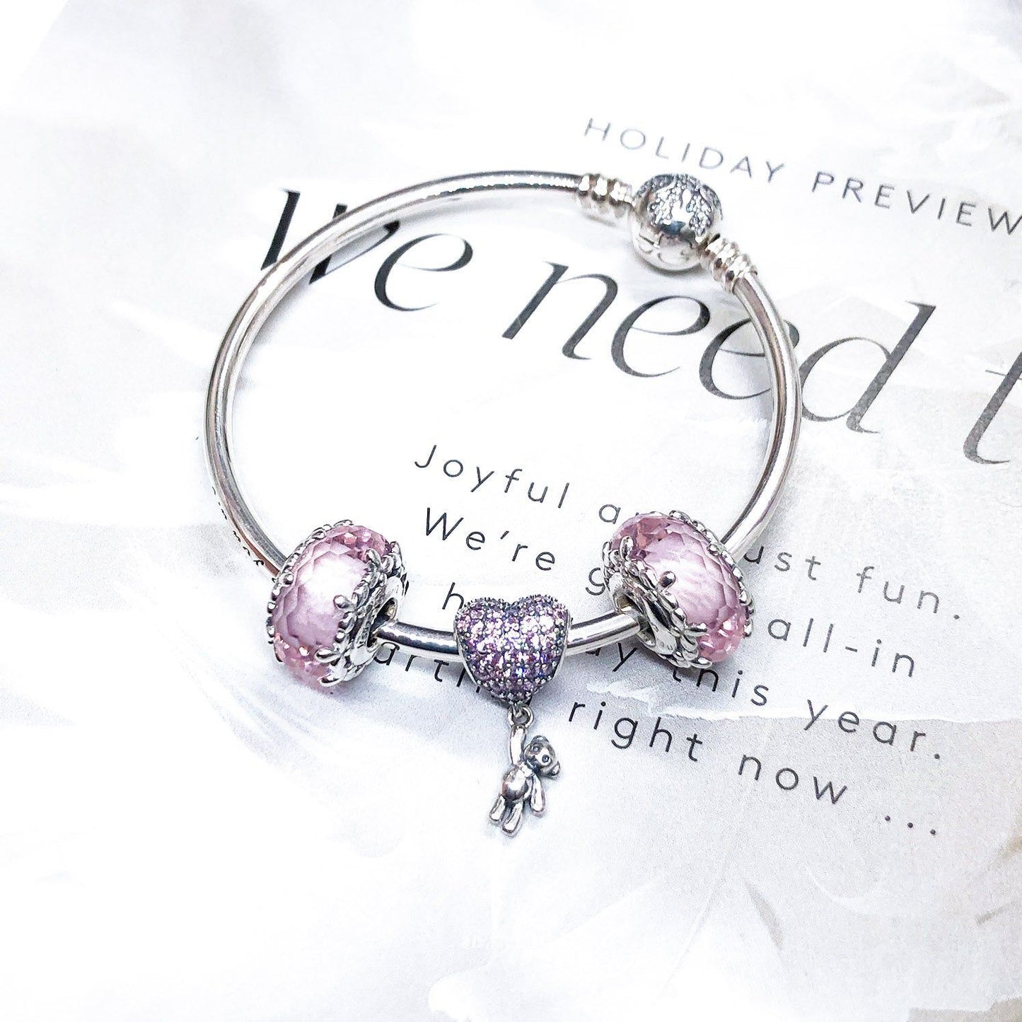 Teddy Bear Hanging On Heart Balloon Dangle Charm