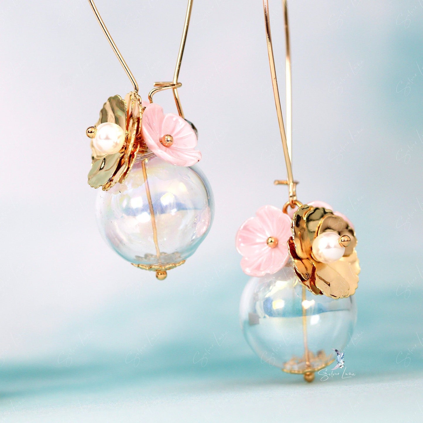 Flower glass vase dangle drop earrings