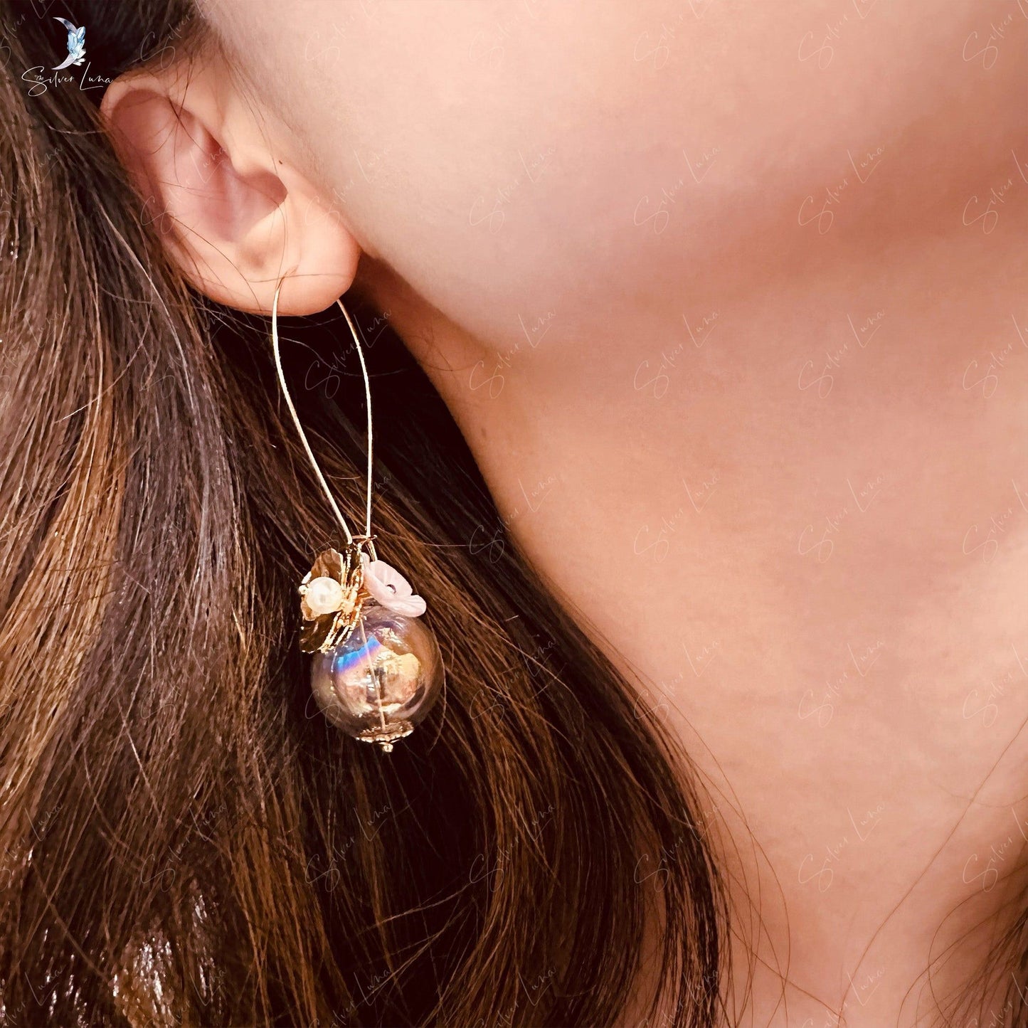 Flower glass vase dangle drop earrings