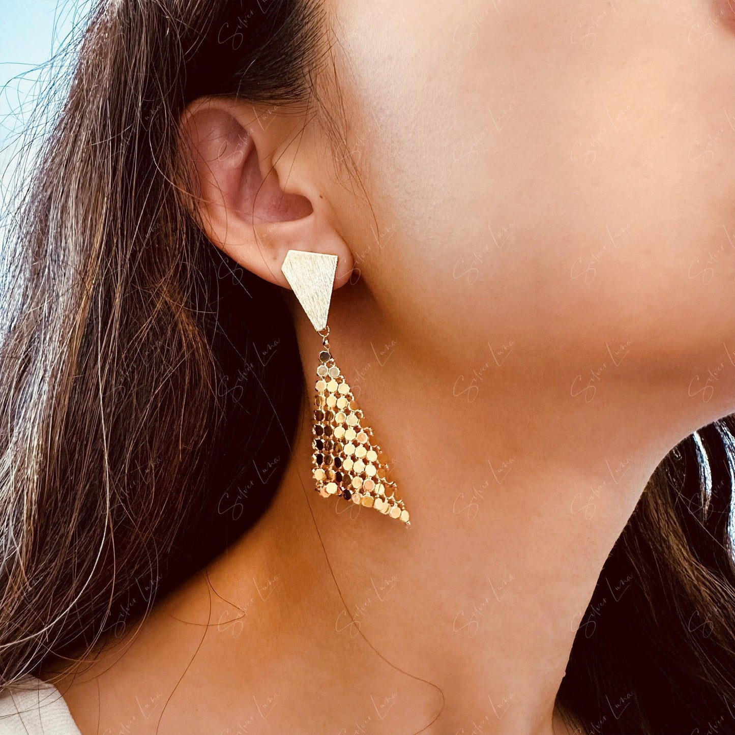 Sparkling handkerchief triangle gold plated drop earrings