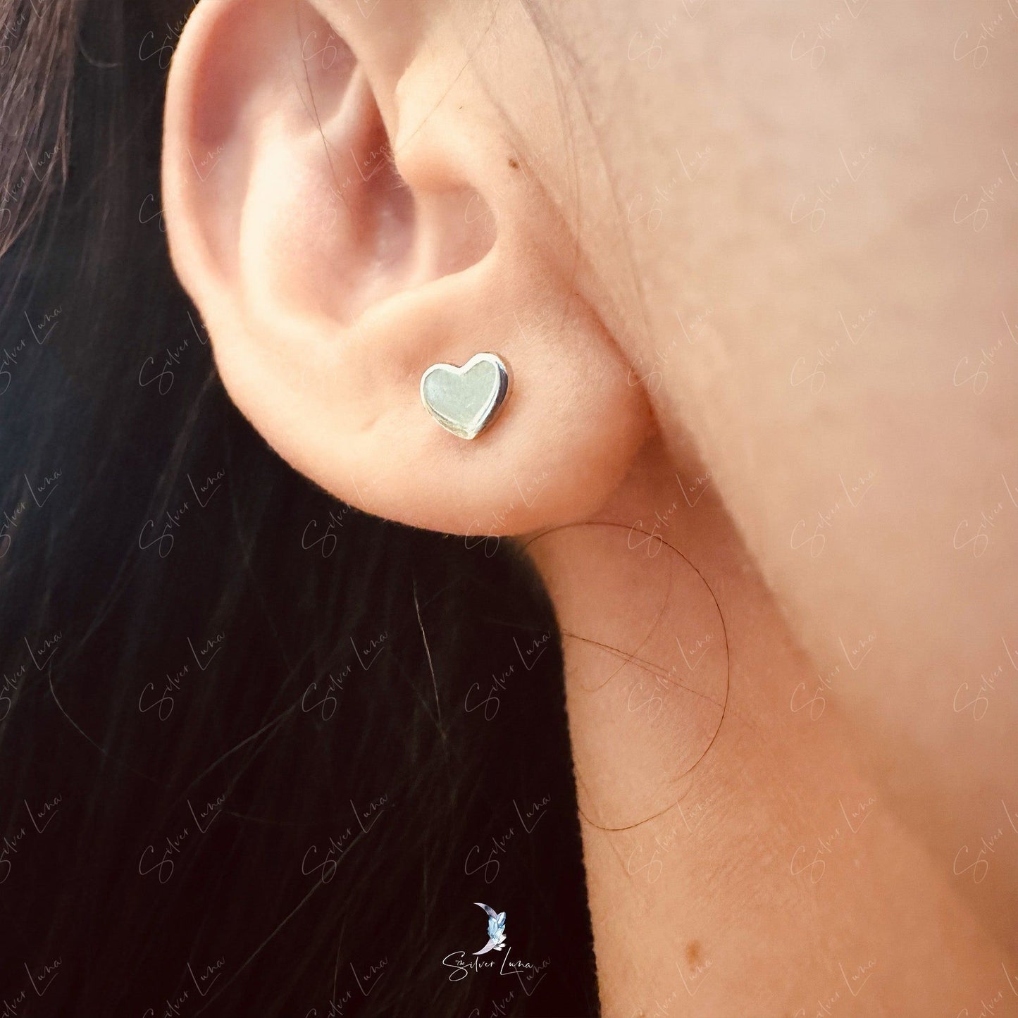 Flat heart screw ball sterling silver stud earrings