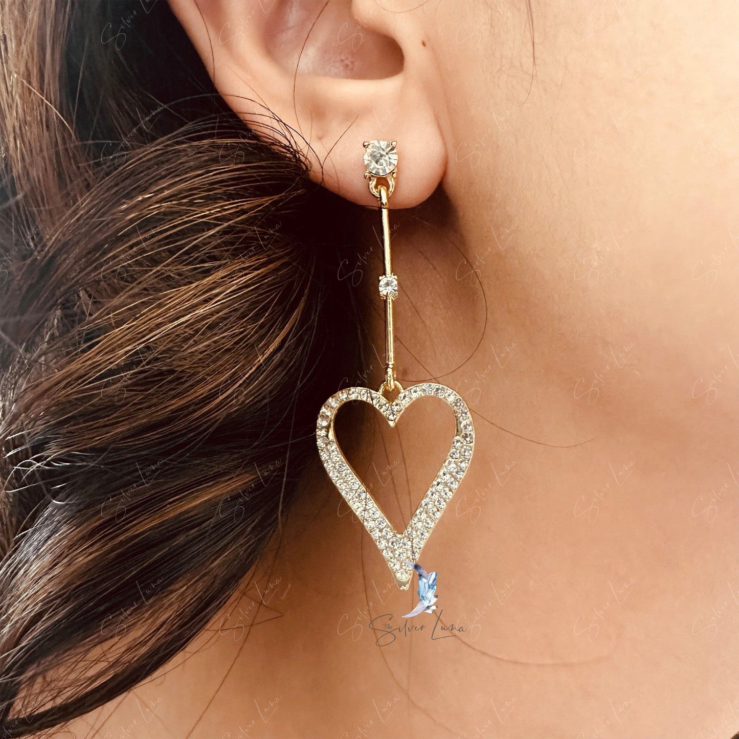 rhinestone heart dangle drop earrings