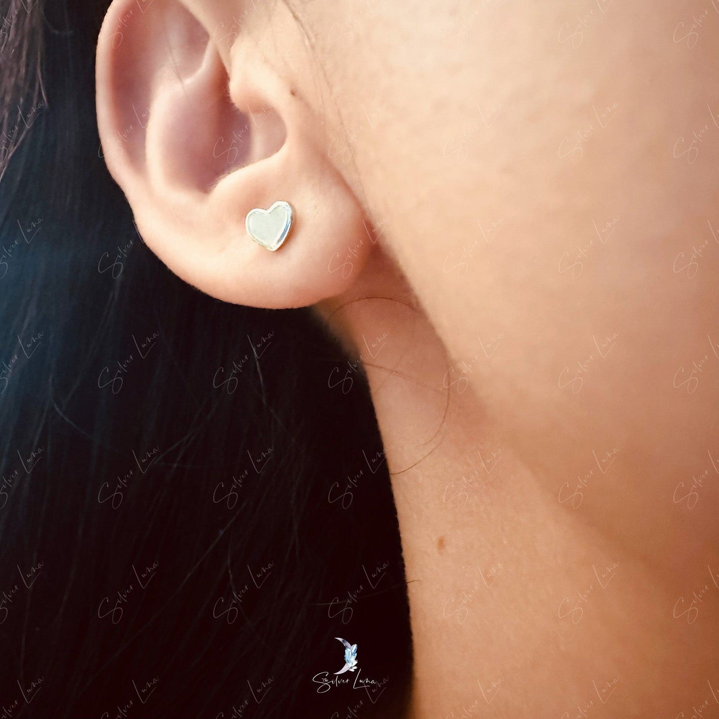 Flat heart screw ball sterling silver stud earrings