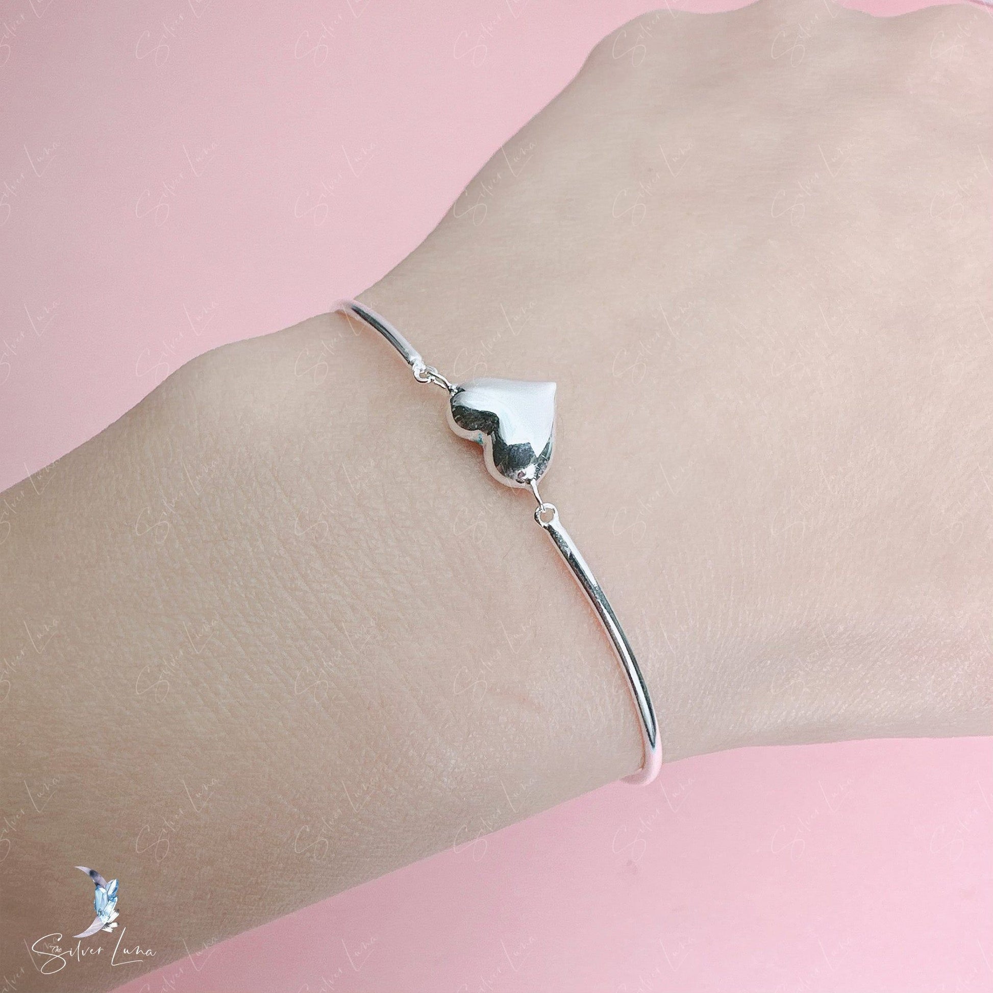 heart half bangle sterling silver bracelet