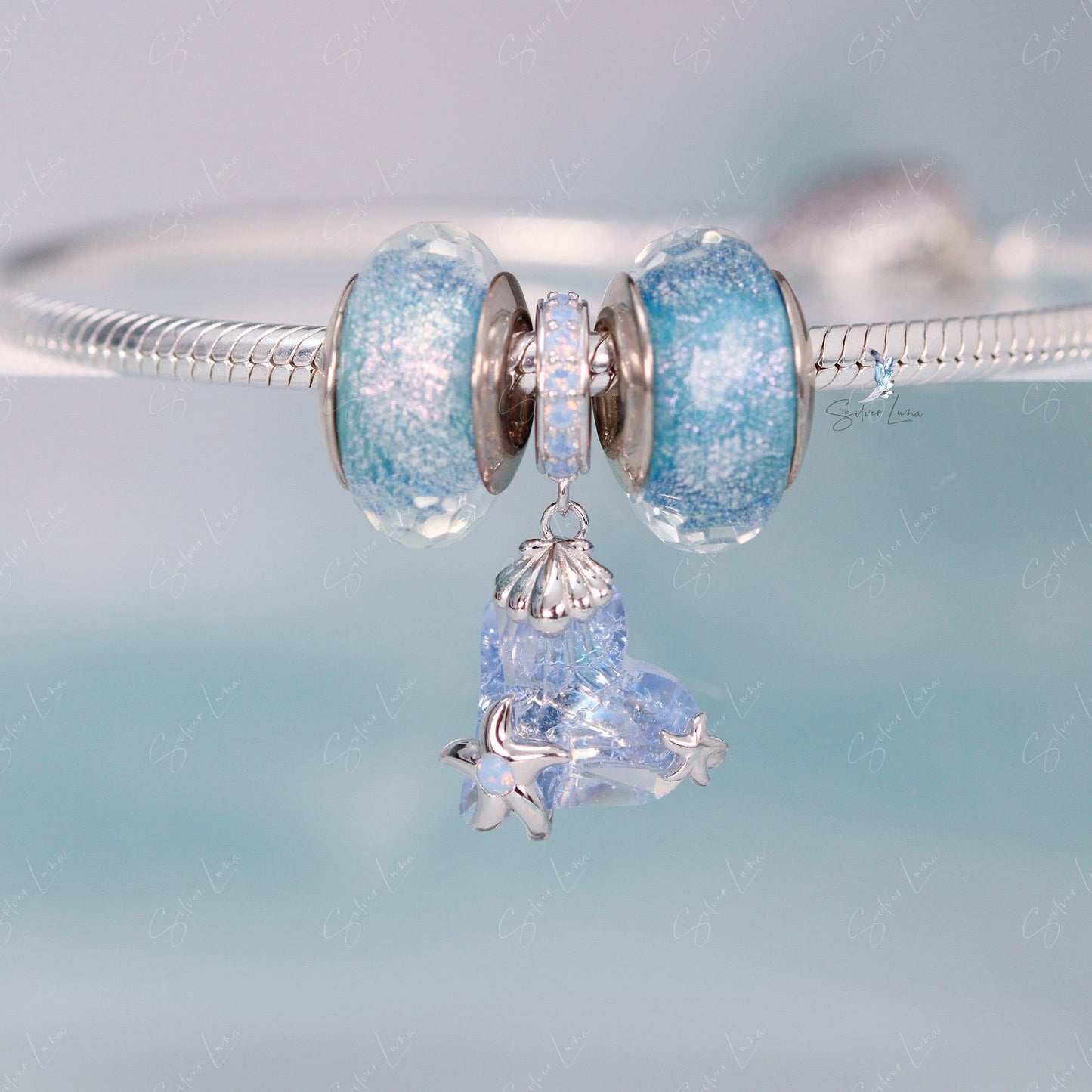 Blue crystal star fish pendant sterling silver charm