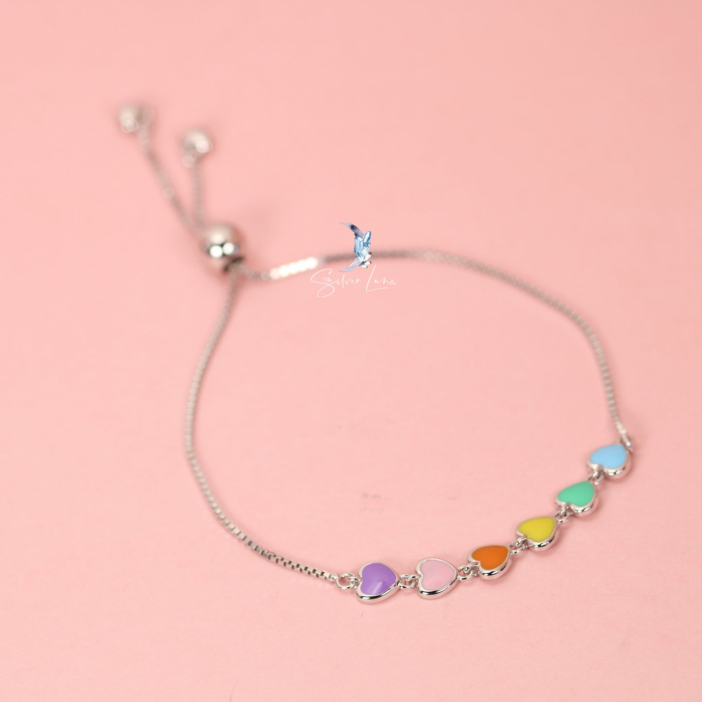 rainbow Valentine heart silver bracelet
