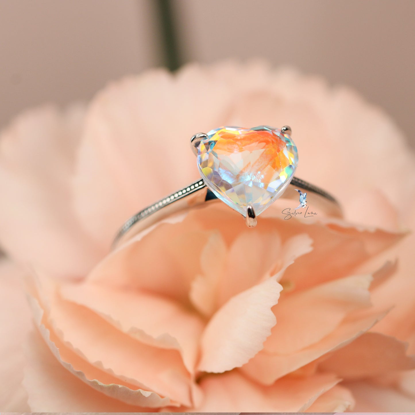 rainbow heart silver ring