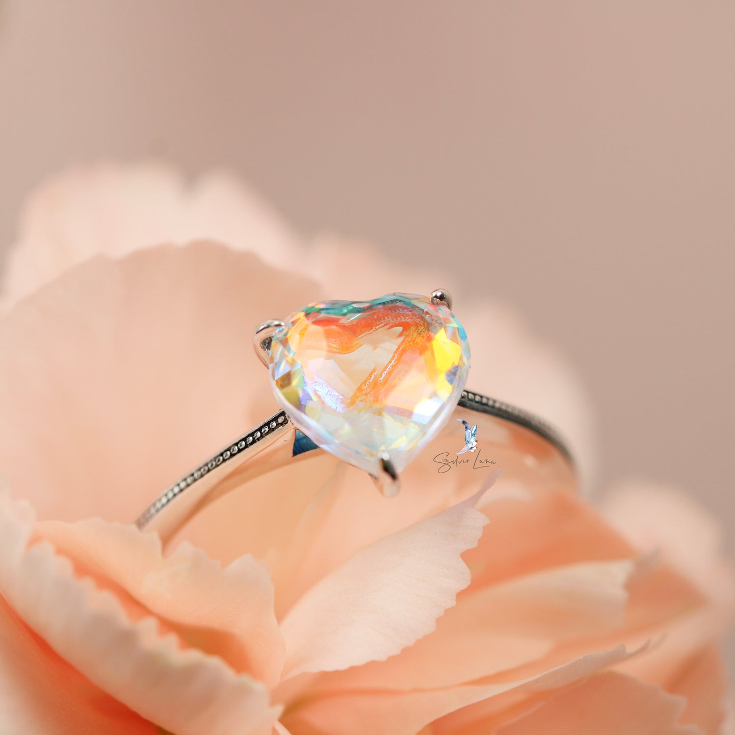 rainbow heart silver ring
