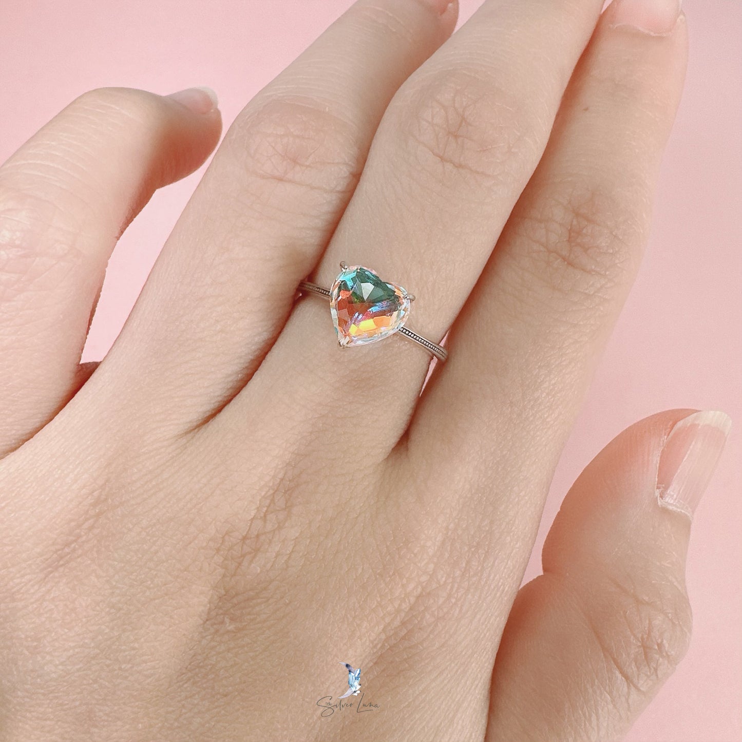 rainbow heart silver ring