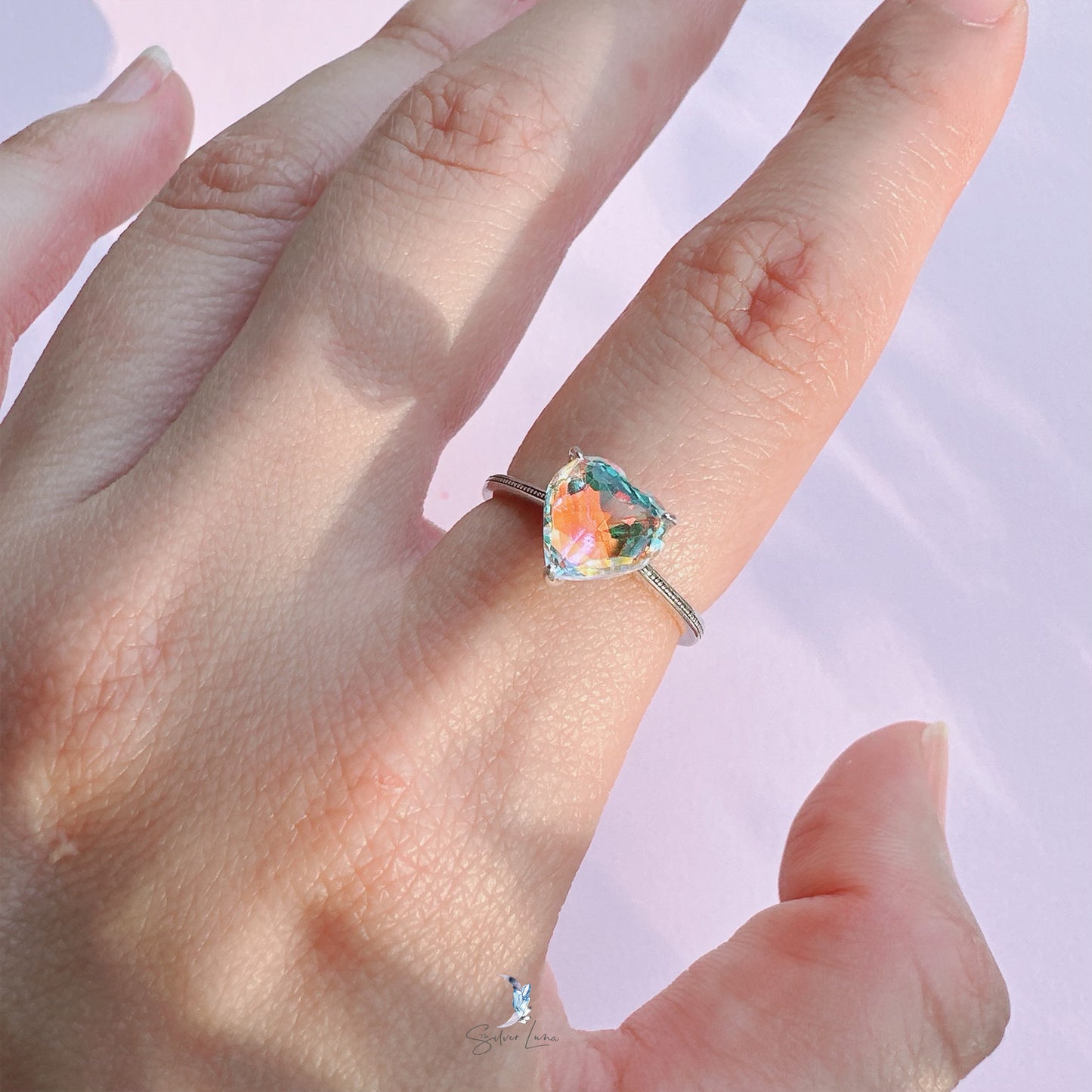 rainbow heart crystal ring