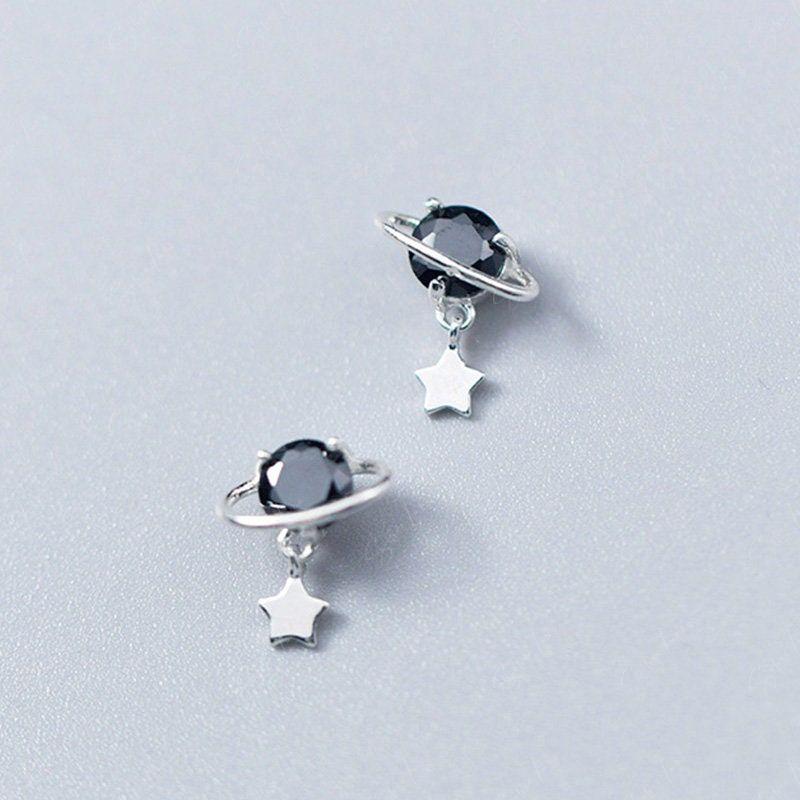 Planet Star Drop Sterling Silver Stud Earrings Black