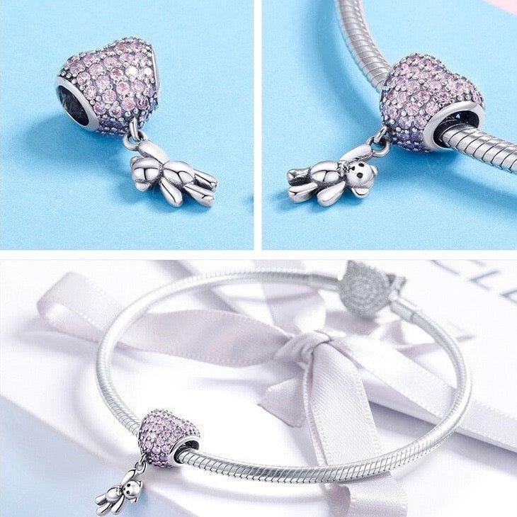 Teddy Bear Hanging On Heart Balloon Dangle Charm