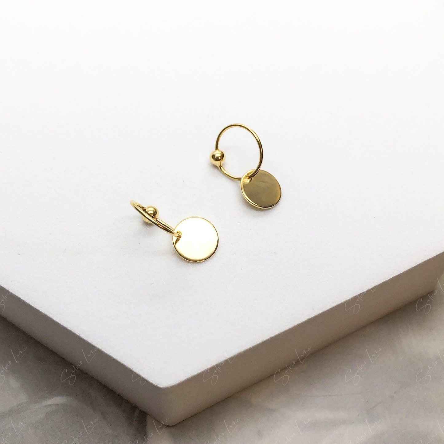 Simple Minimalist Circle Tag Hoop Earrings Gold