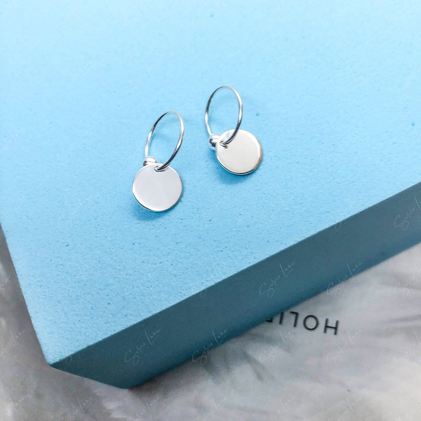 Simple Minimalist Circle Tag Hoop Earrings Silver