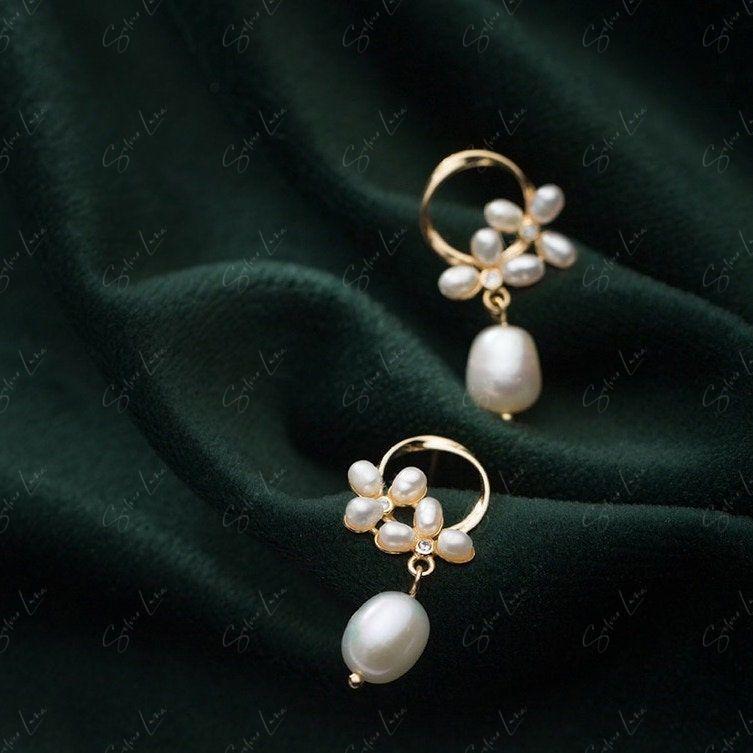 Floral Pearl Drop Dangle Earrings