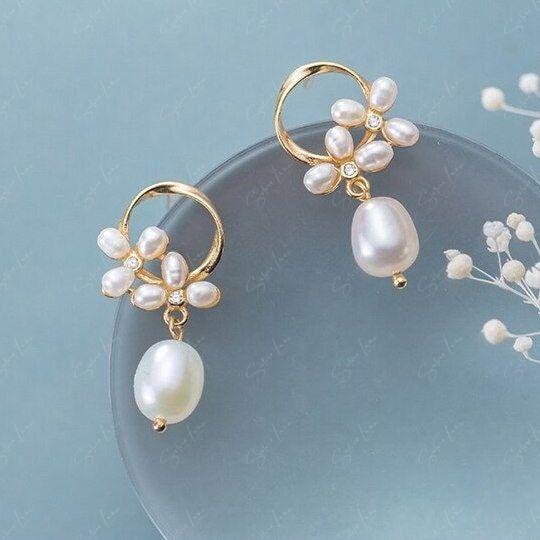Floral Pearl Drop Dangle Earrings Gold