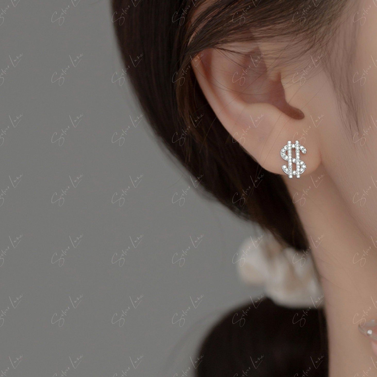 silver dollar sign stud earrings
