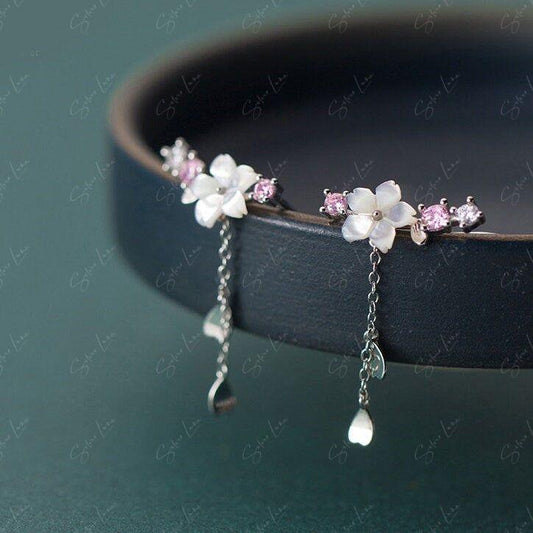 Cherry Blossom Flower Dangle Drop Ear Climber Earrings