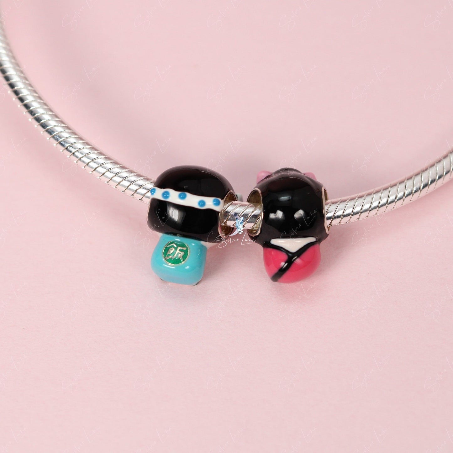 Kimono girl and street food vendor sterling silver charm