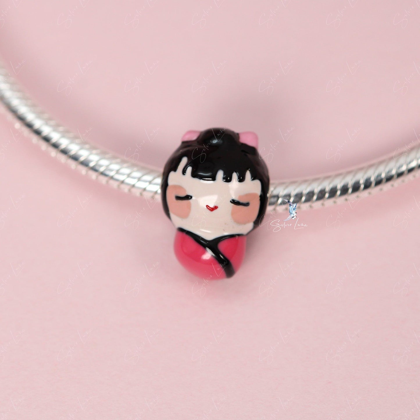 cute kimono girl silver bead charm