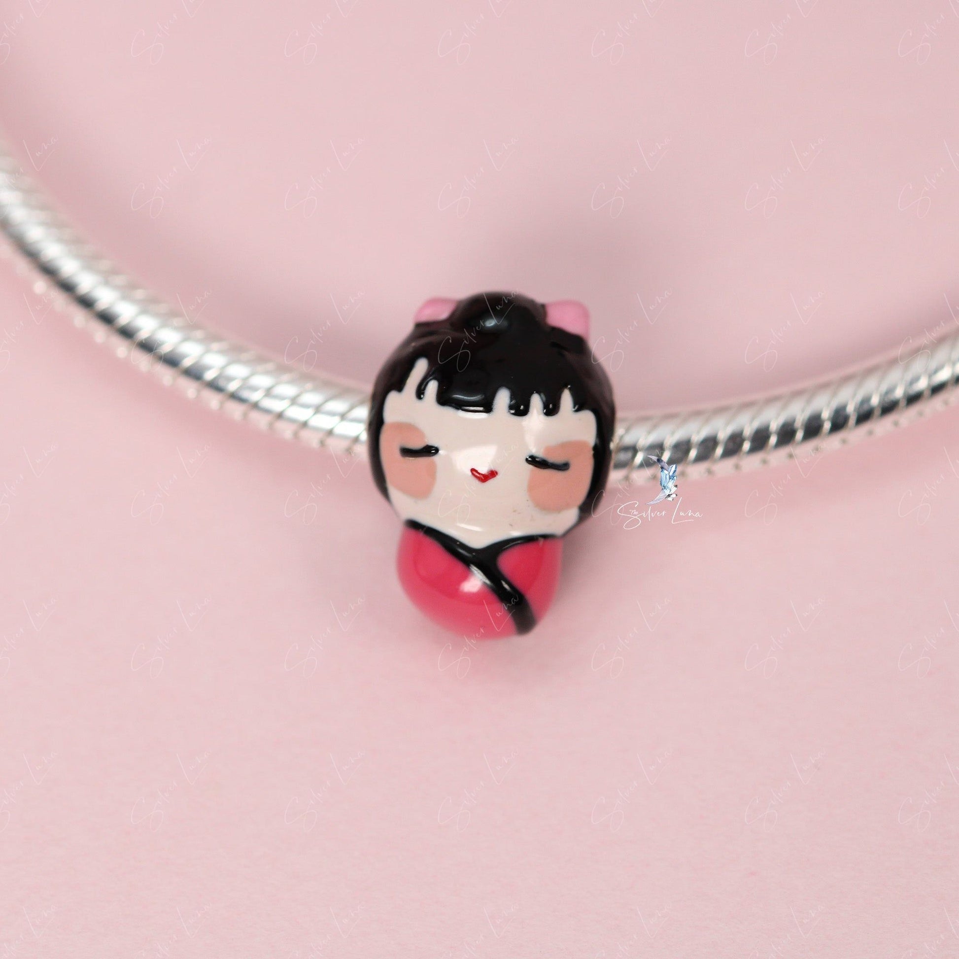 cute kimono girl silver bead charm