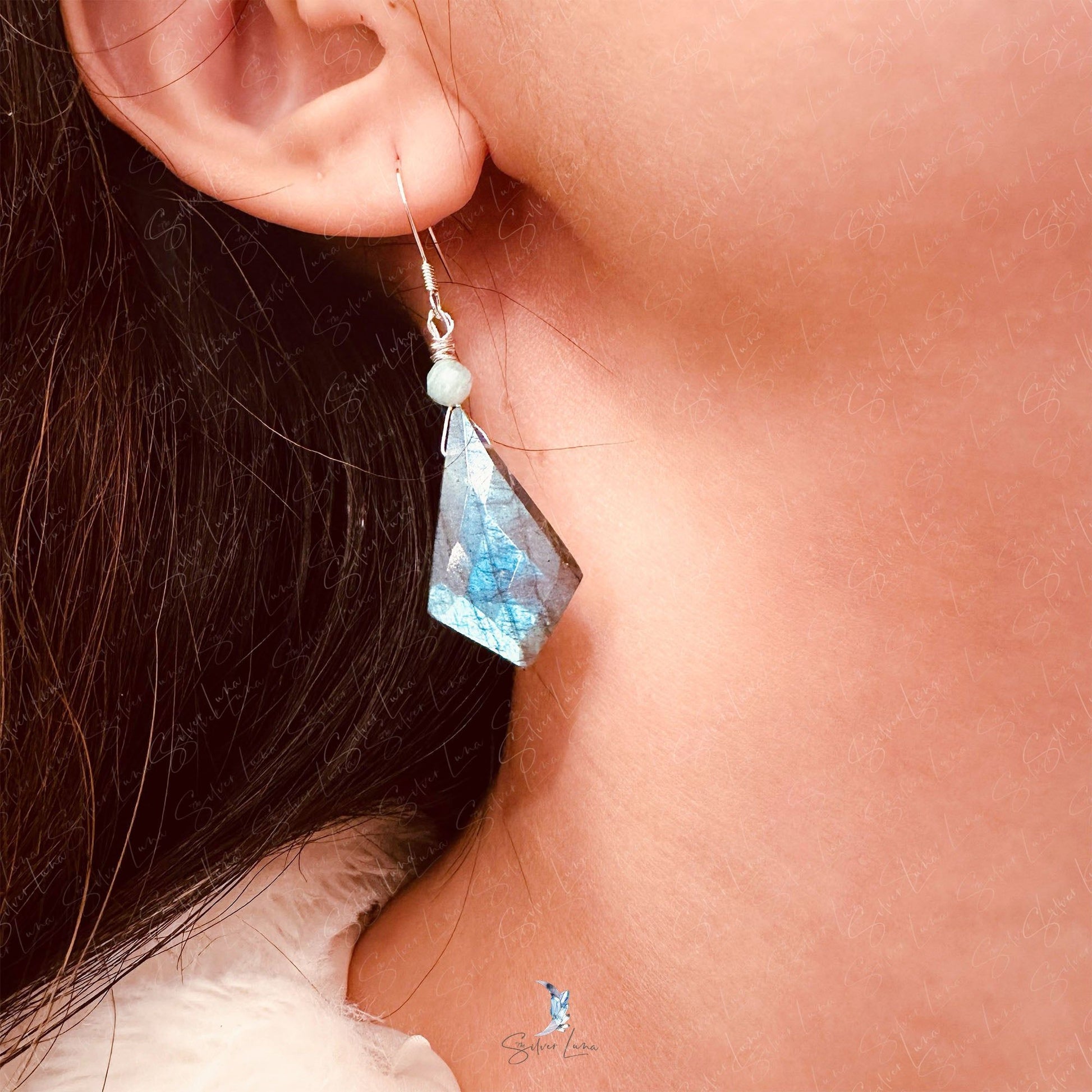 kite diamond cut labradorite dangle drop earrings