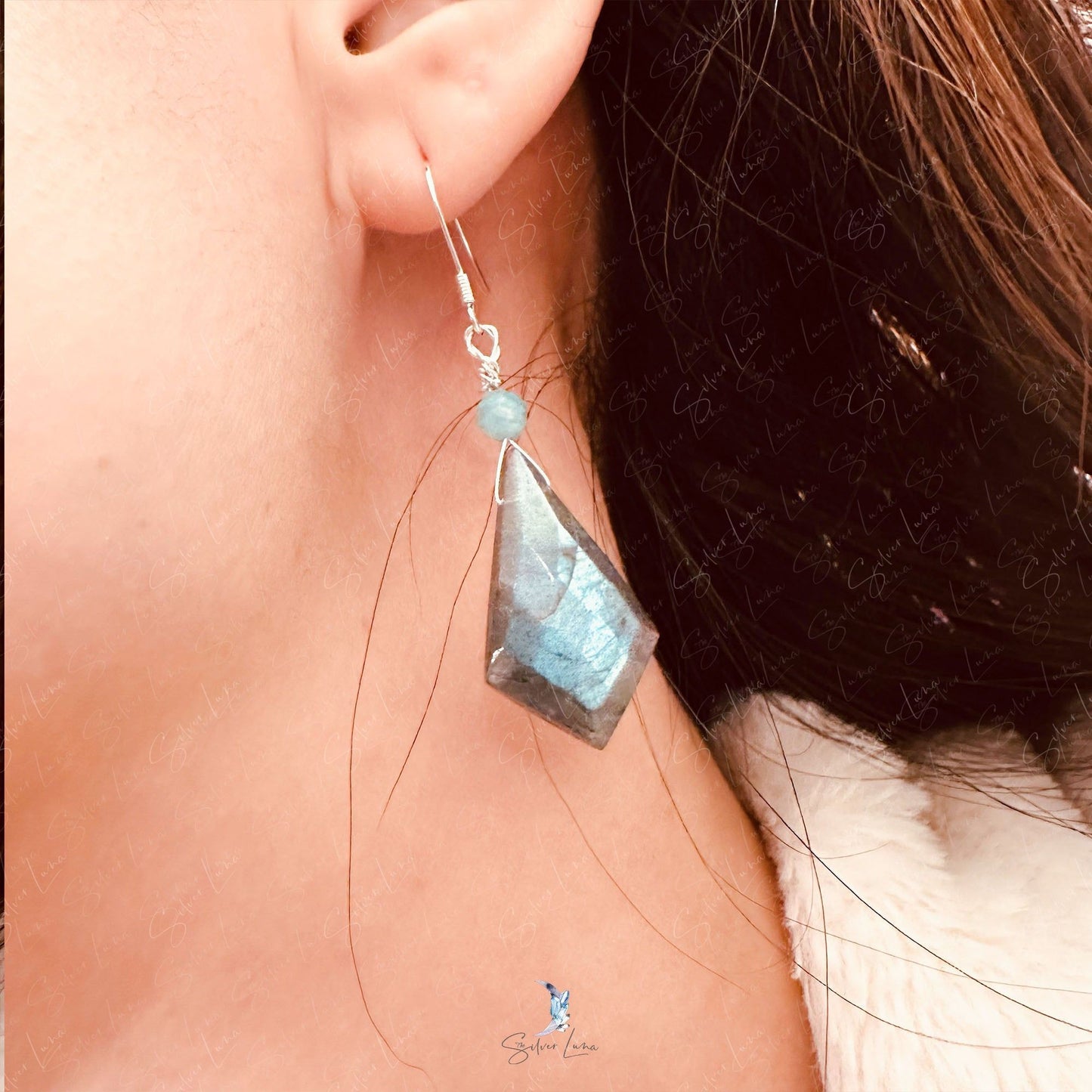 kite diamond cut labradorite silver earrings