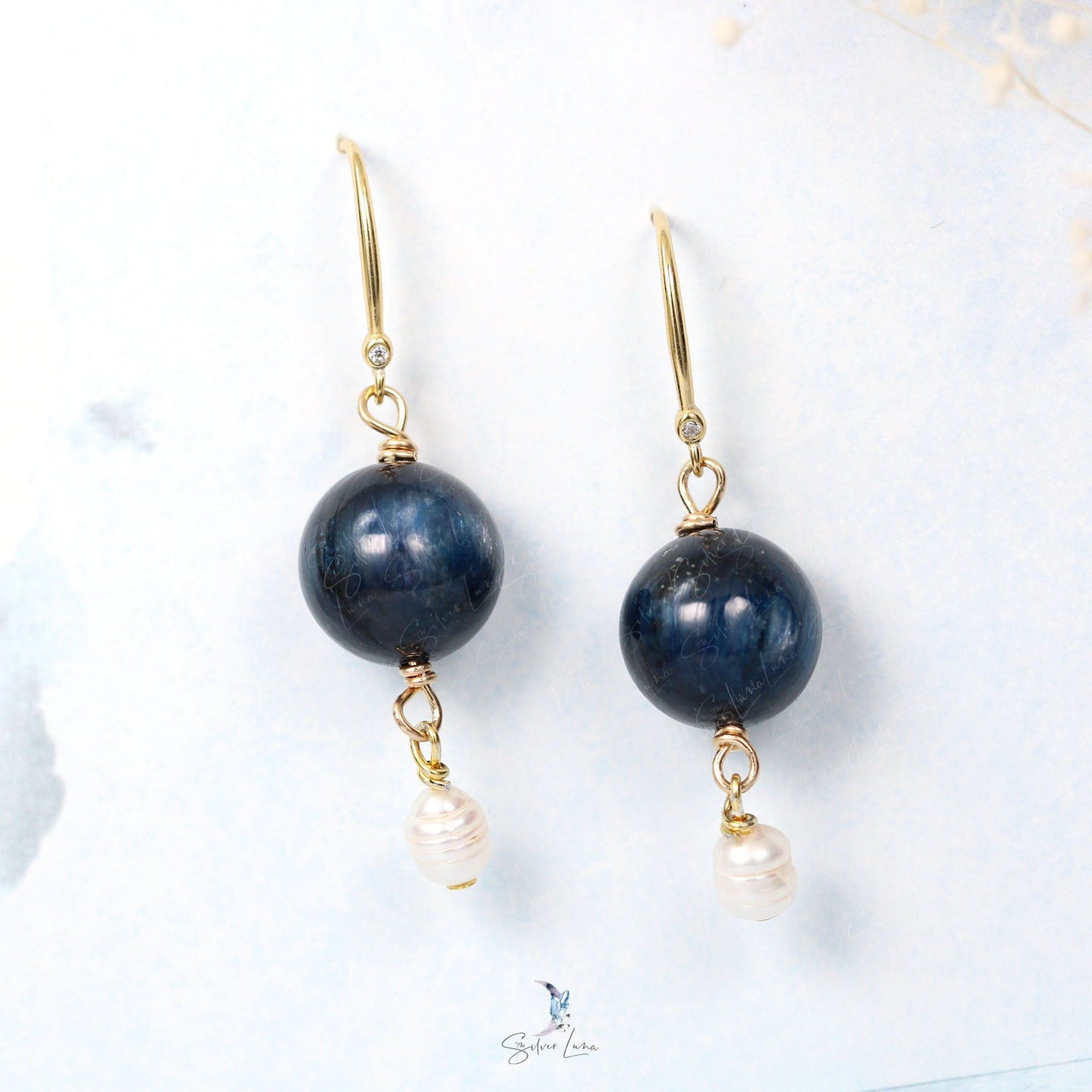 Kyanite bead and pearl drop sterling silver earrings