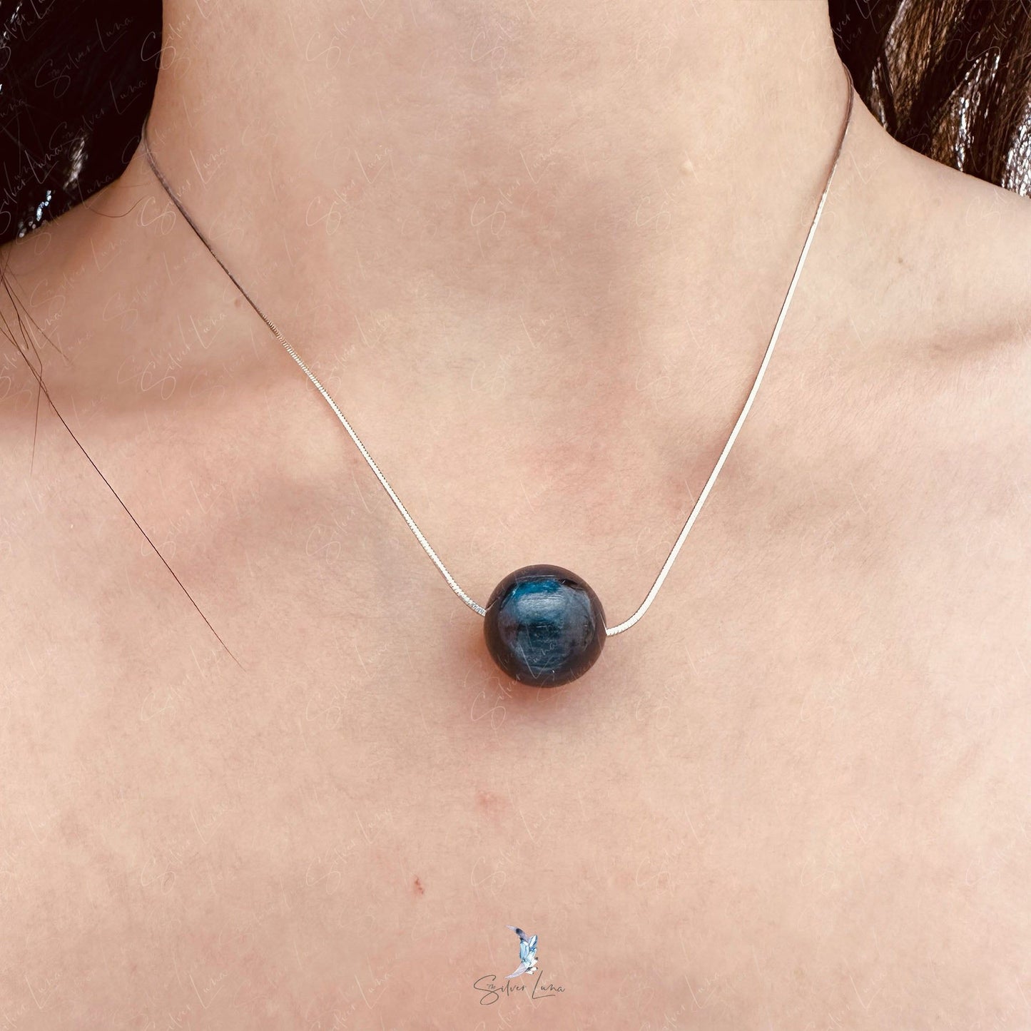 Kyanite bead sterling silver snake chain necklace