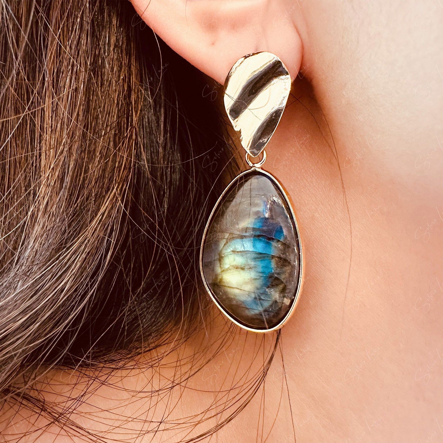 Teardrop Labradorite statement dangle drop earrings