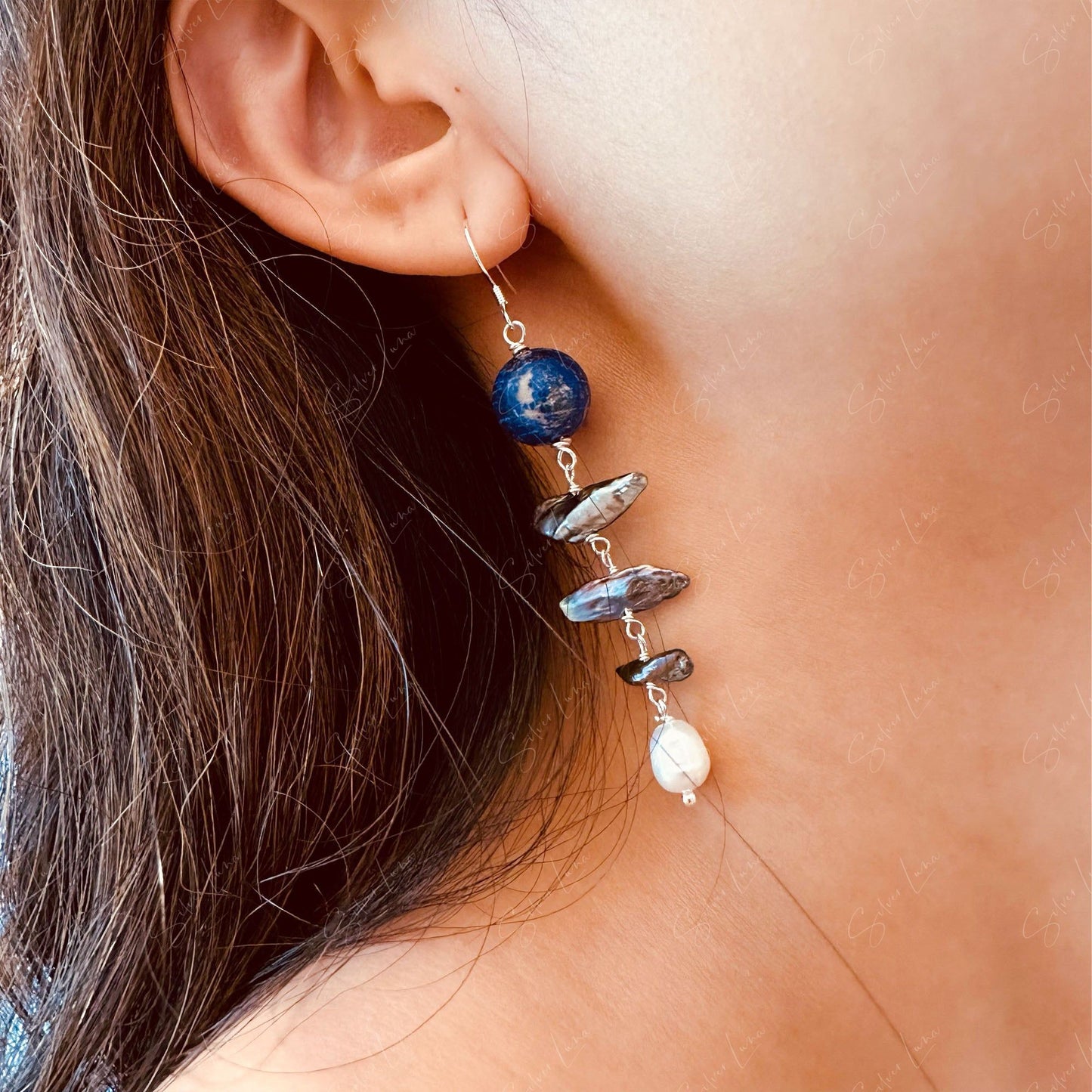Lapis Lazuli bead freshwater pearls dangle drop earrings