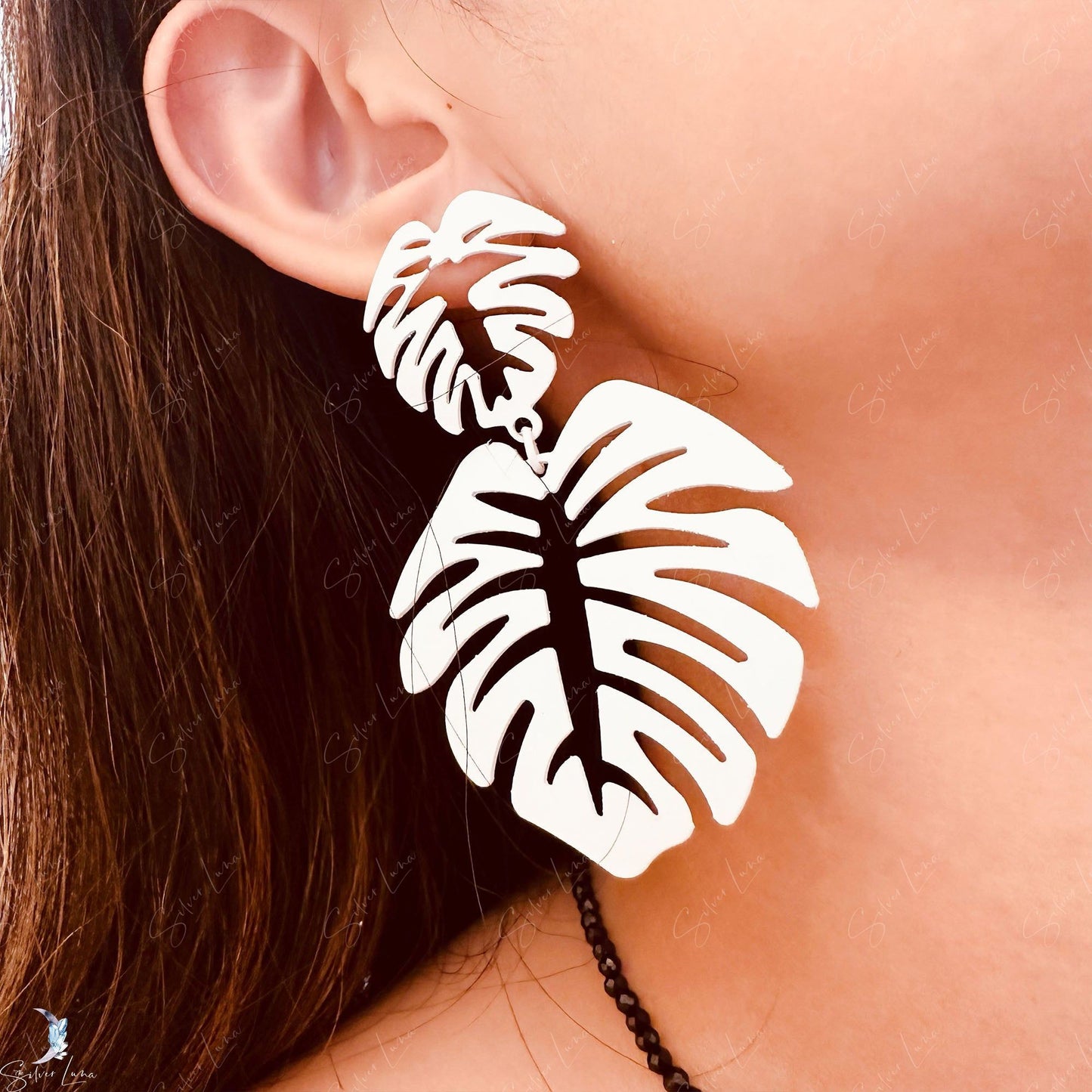 Monstera leaves metal statement dangle drop earrings