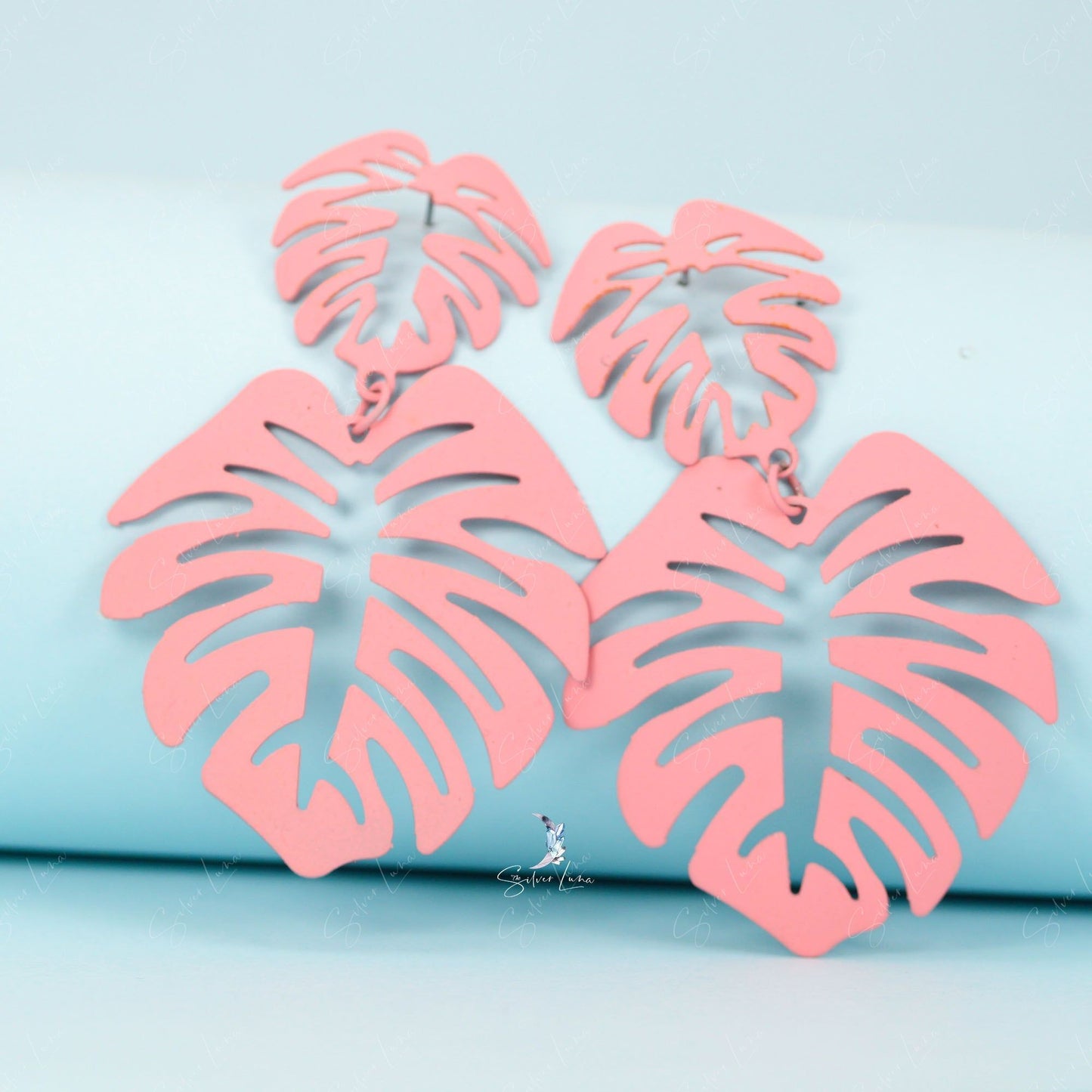 Monstera leaves metal statement dangle drop earrings