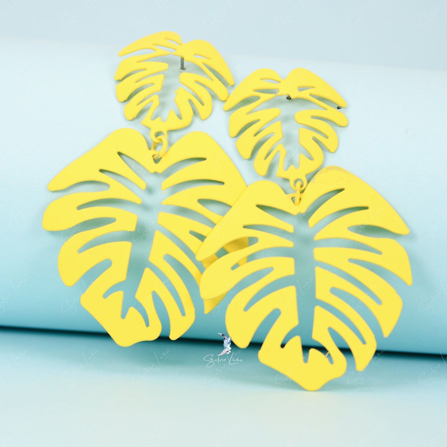 Monstera leaves metal statement dangle drop earrings