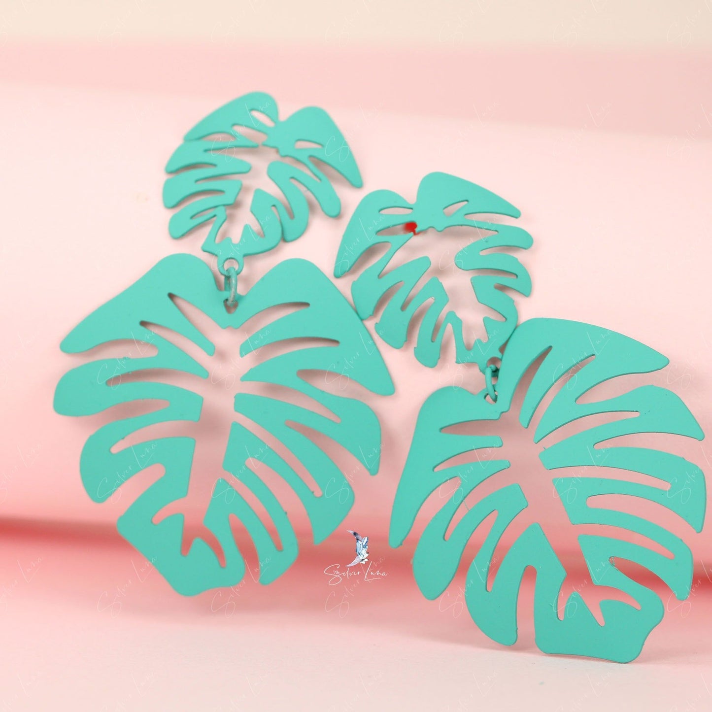 Monstera leaves metal statement dangle drop earrings