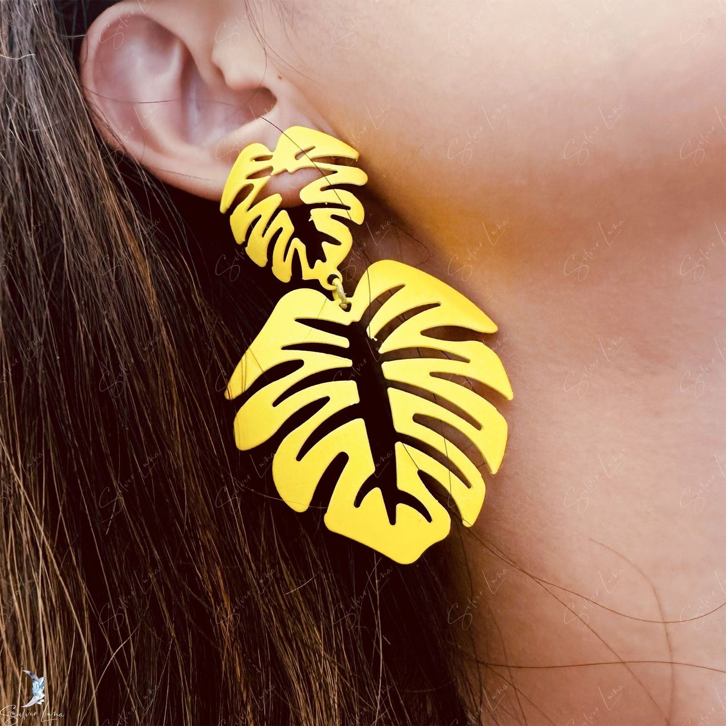 Monstera leaves metal statement dangle drop earrings