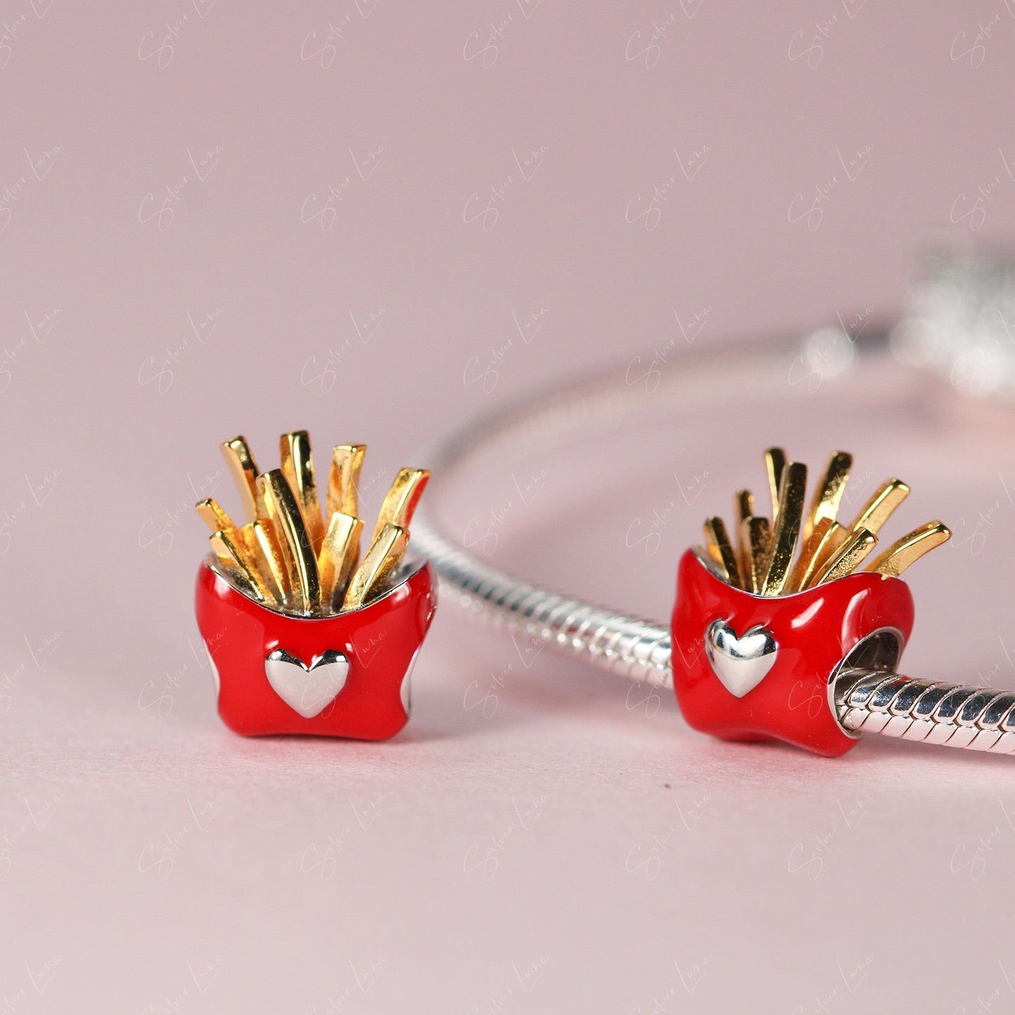 Hamburger, French fries, soda sterling silver bead charm