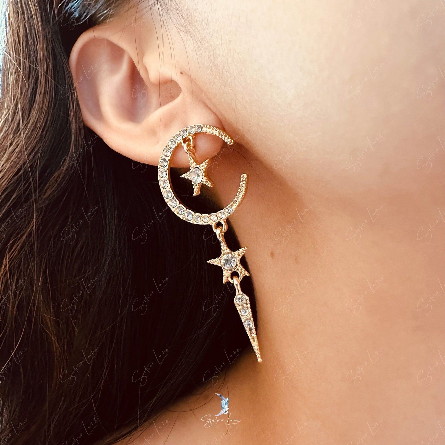 Moon and star dangle drop fashion earrings