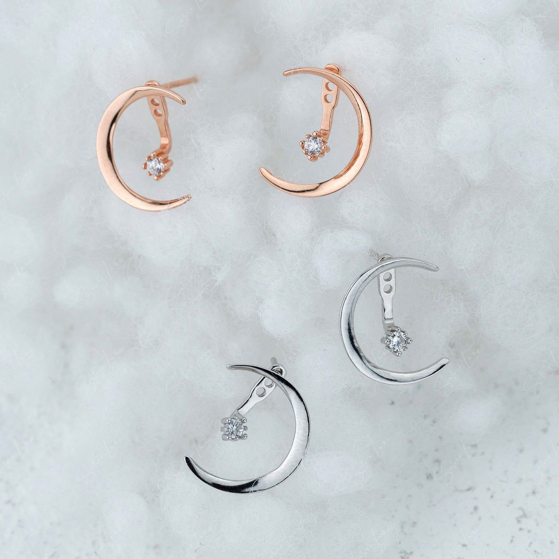 Moon And Star Stud Earrings With Ear Jacket
