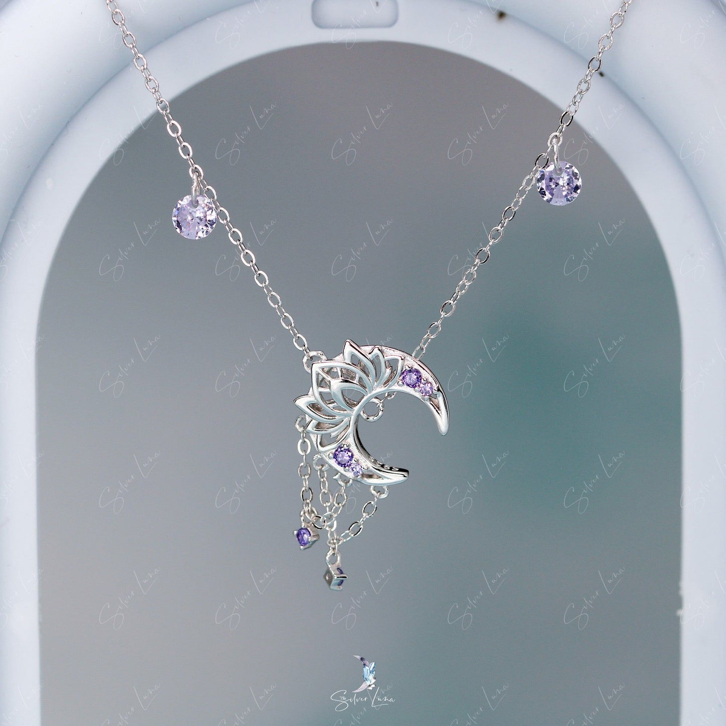 Lotus crescent moon link chain bracelet