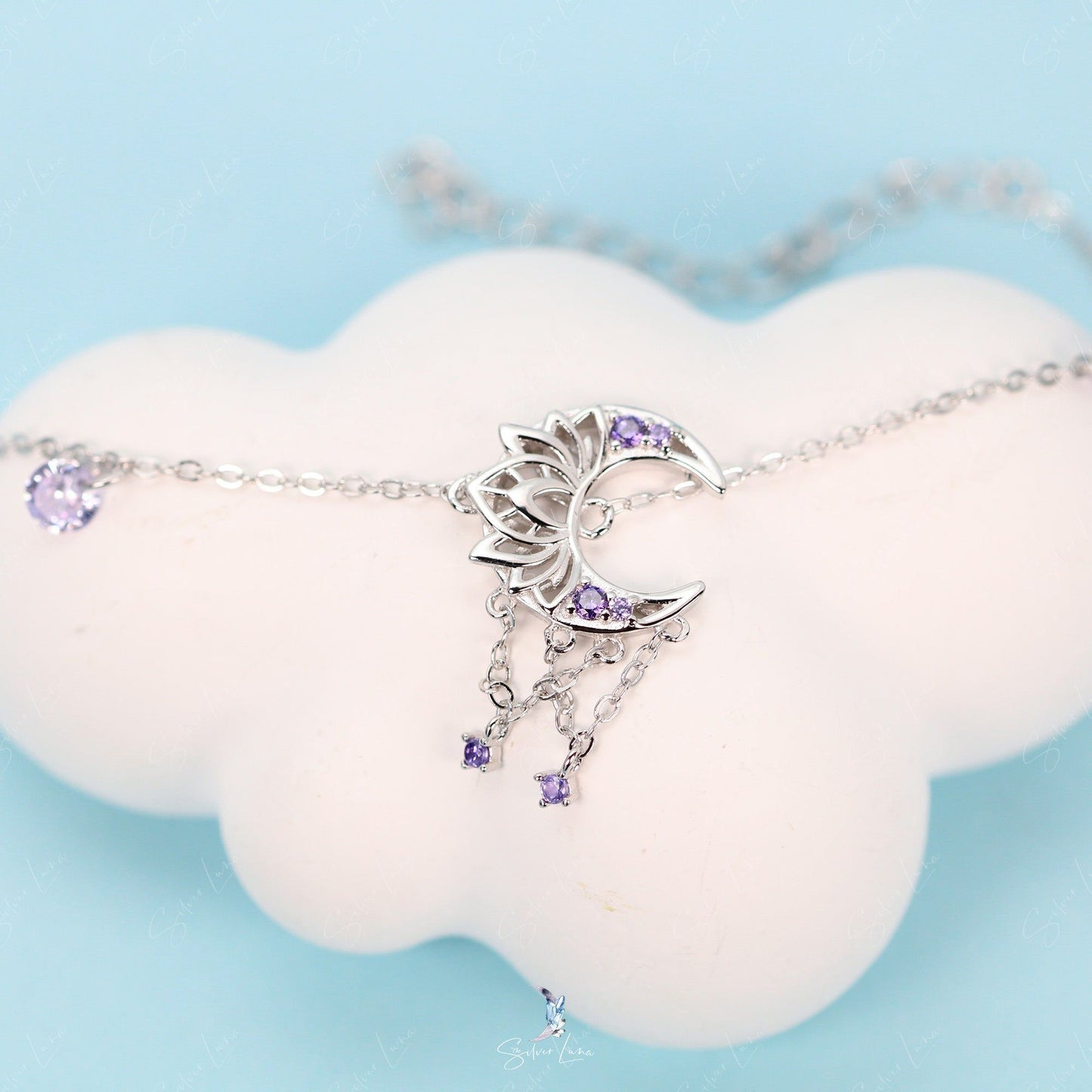 Lotus crescent moon link chain bracelet