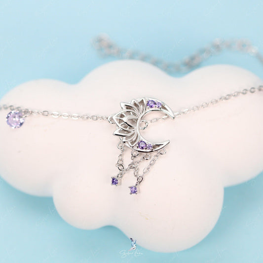 Lotus crescent moon link chain bracelet