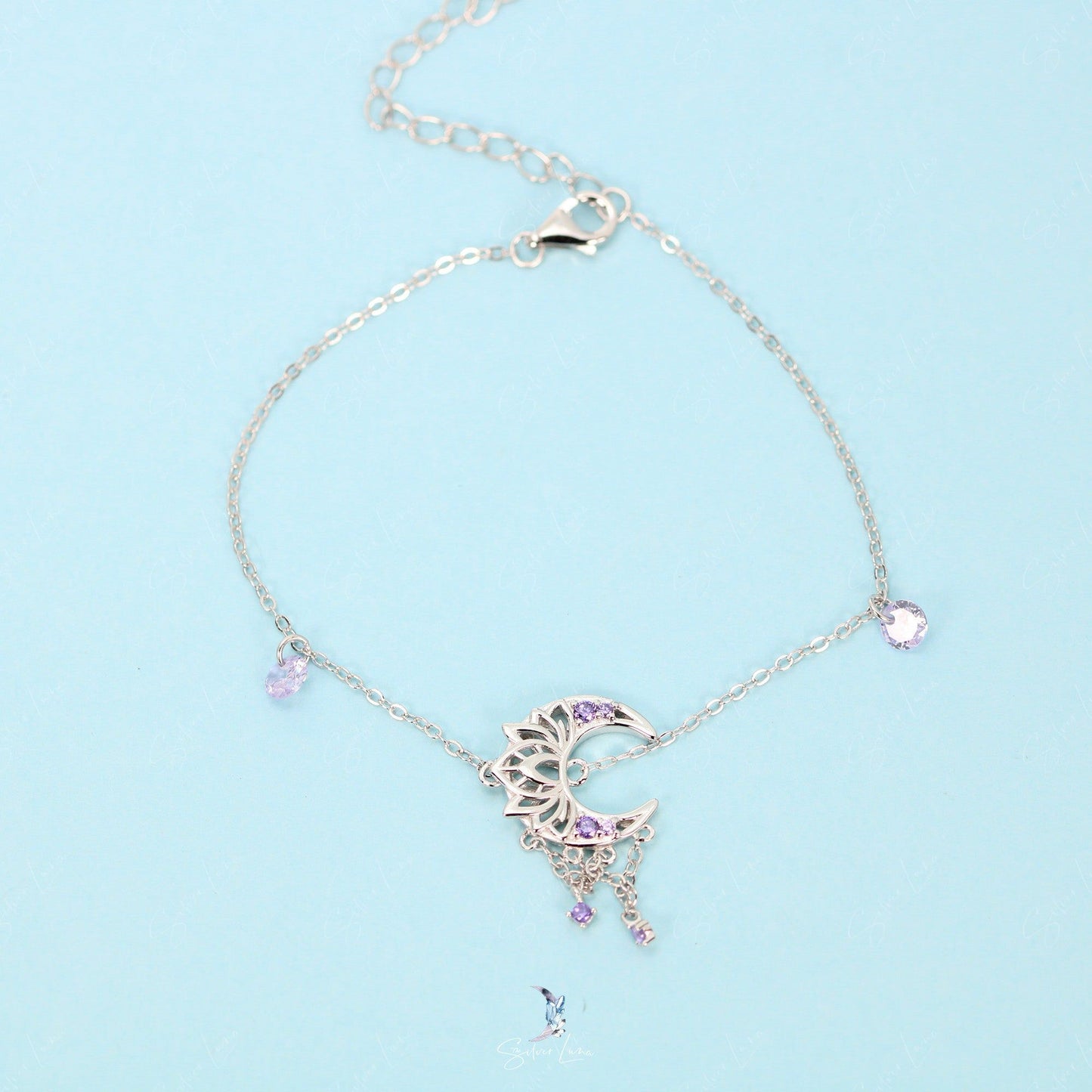 Lotus crescent moon link chain bracelet