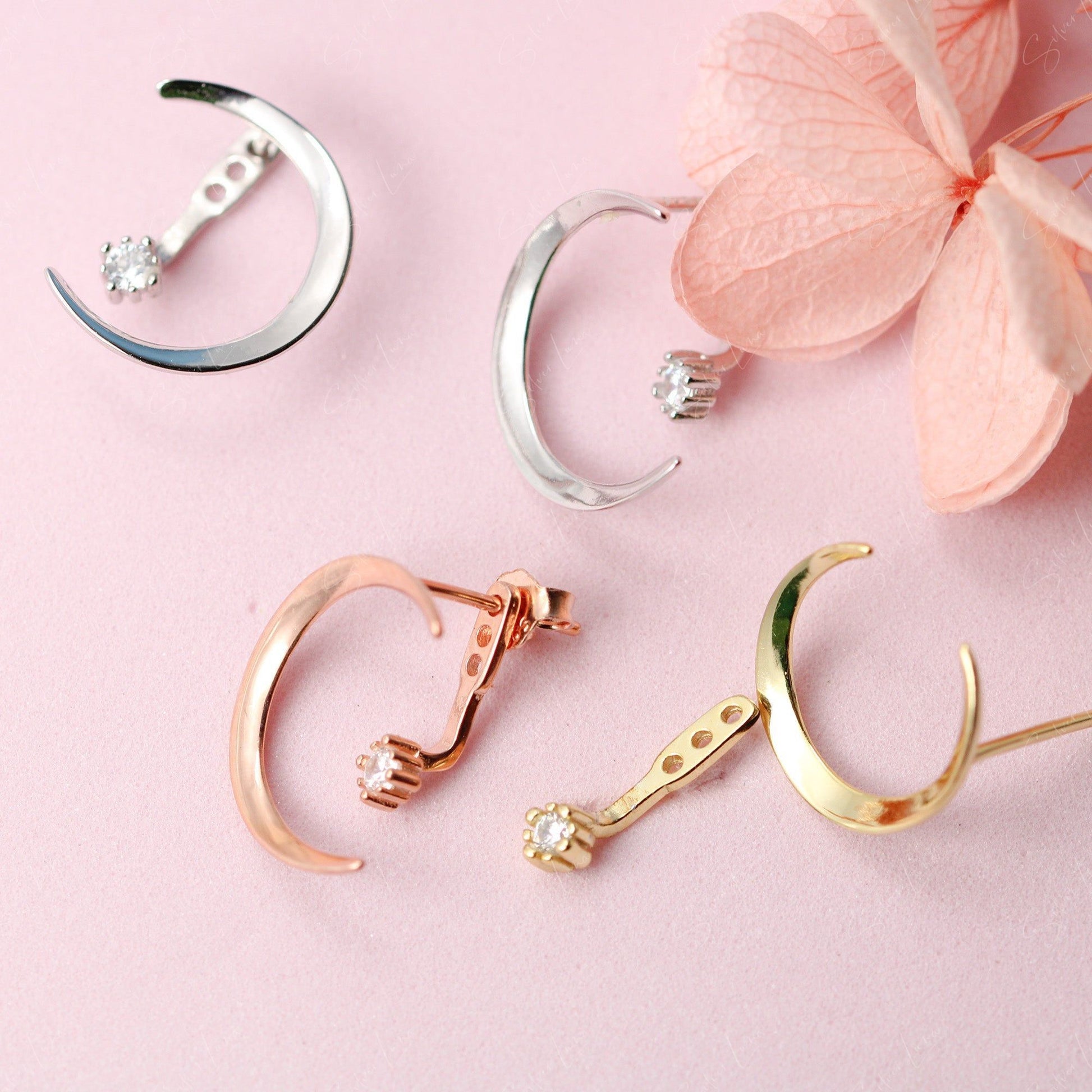 Moon And Star Stud Earrings With Ear Jacket