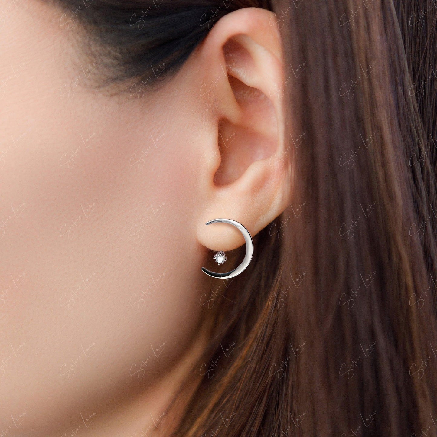 Moon And Star Stud Earrings With Ear Jacket