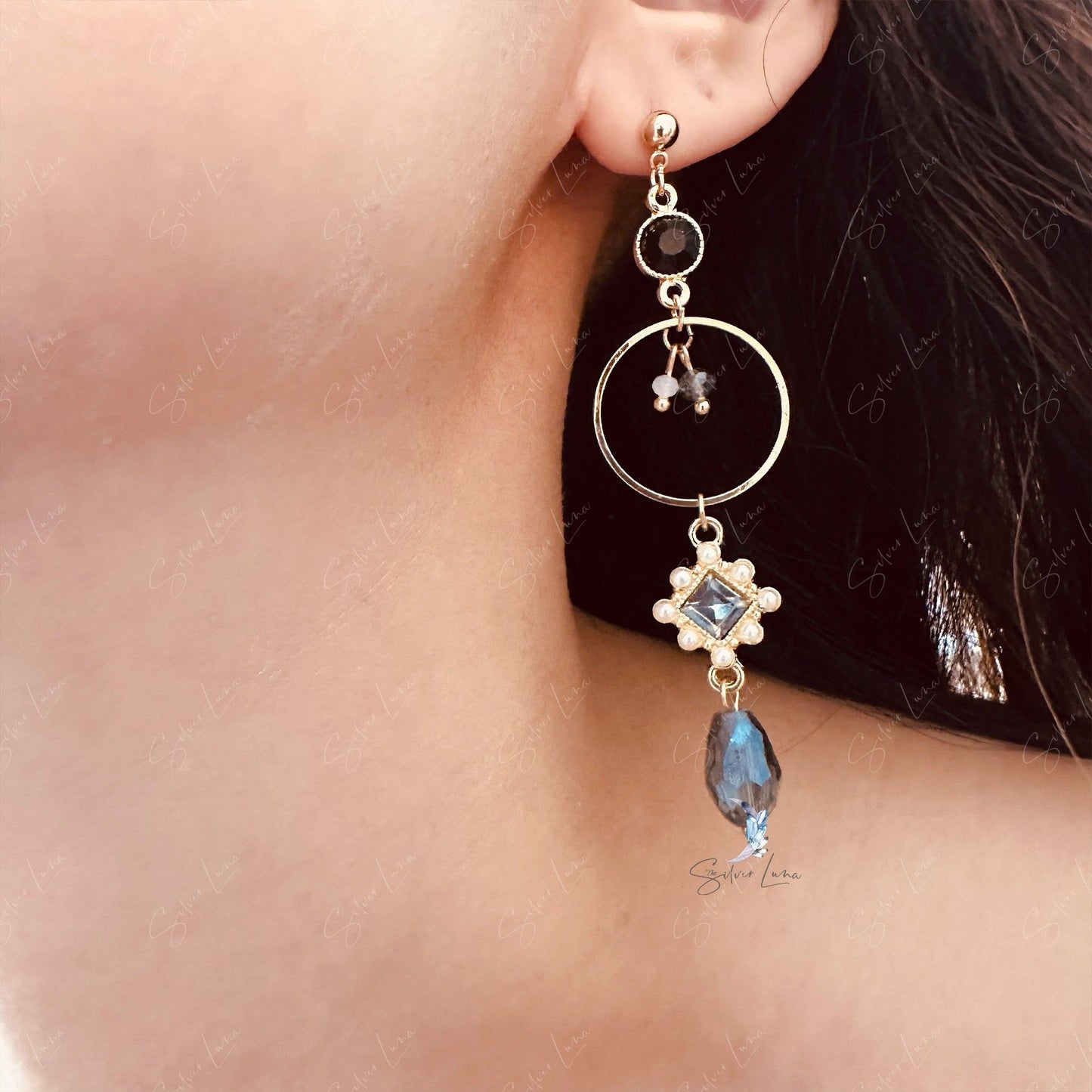 Long shiny crystal moon dangle drop earrings